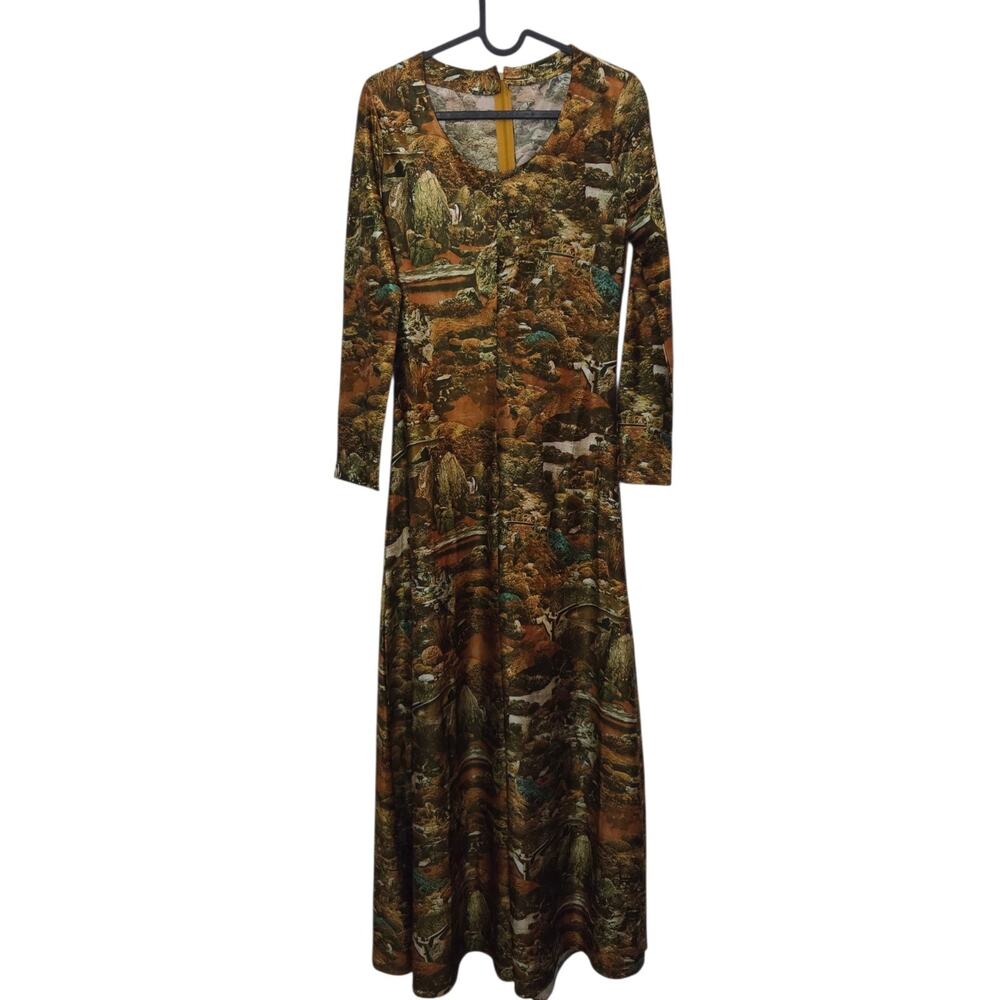 Vintage 70s Landscape Earth Nature Photo Print Maxi Dress Art to Wear Rocks